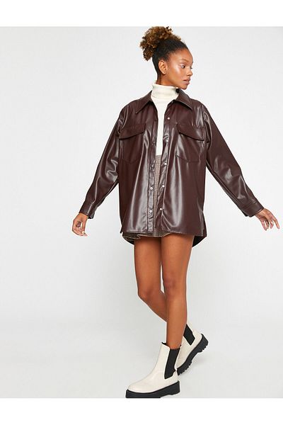 Koton Oversize Shirt Leather Look with Pocket Detail