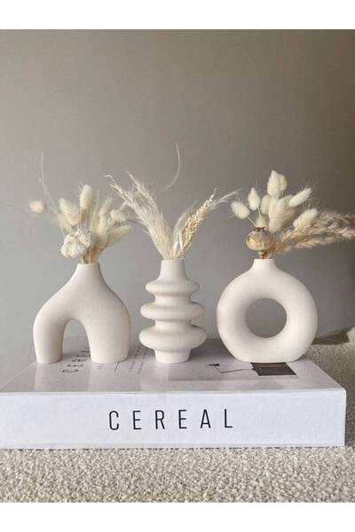 Genel Markalar 10 Cm Minimal Vazo Set 3'lü Bohem Biblo Minyatür Dekoratif Vazo Seti Ham Beyaz