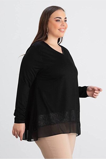 FOR ESRA BIG TREND Bluză de damă, cu sclipici, cu decolteu în V, tiv, tul, cu sclipici, elastică, din viscoză