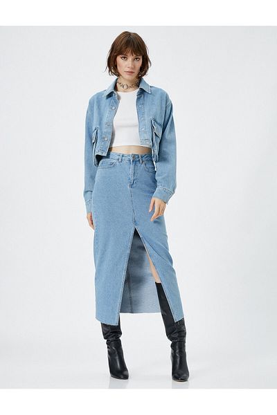 Koton Jachetă denim scurtă aplicată buzunar asimetric bumbac detaliat