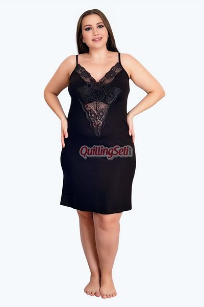 quilling Black Color, Lace Detail and Sling Sleeve Plus Size 2-Piece Dressing Gown Mother's Nightgown Suit - 19220