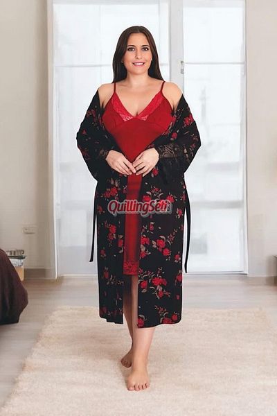 quilling Black Color, Rose Print and Sling Sleeve Plus Size 2-Piece Mother's Nightgown Set with Dressing Gowns - 19226