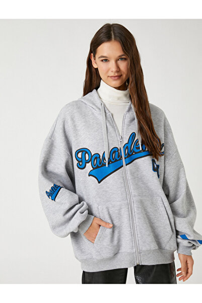 Koton Φούτερ με κολεγιακό σχέδιο - Υπερμεγέθη κουκούλα, φερμουάρ και λεπτομέρεια τσέπης