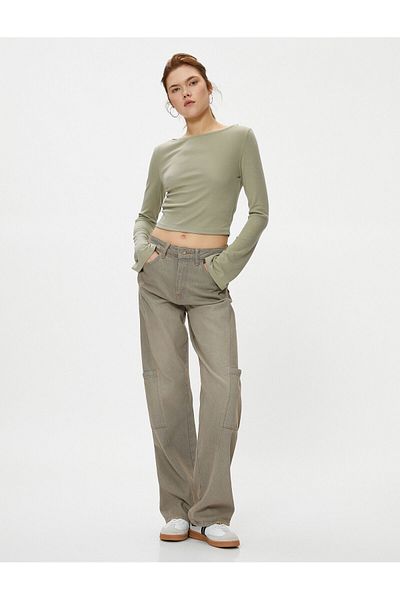 Koton Crop T-Shirt Boat Neck Long Sleeve