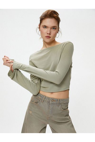 Koton Crop T-Shirt Boat Neck Long Sleeve