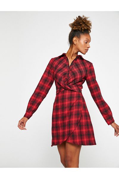 Koton Shirt Dress Long Sleeve Checked Button Front