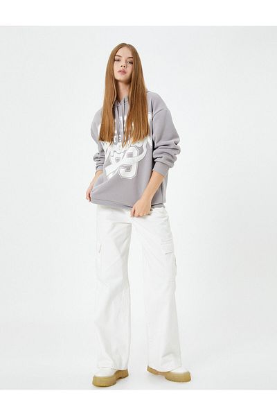 Koton College Hooded Sweatshirt Comfortable Fit Raised Applique Detailed Printed