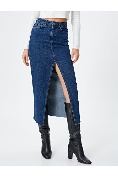 Koton Джинсова спідниця міді з високою талією на ґудзиках з бавовни з розрізами