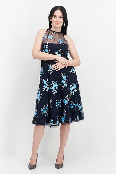 Vince Camuto Women Round Neck Sleeveless Floral Midi Dress, Navy Blue