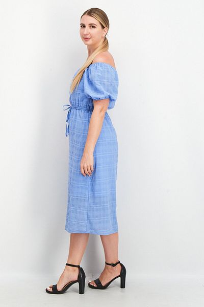 French Connection Women Off Shoulder Textured Midi Dress, Light Blue