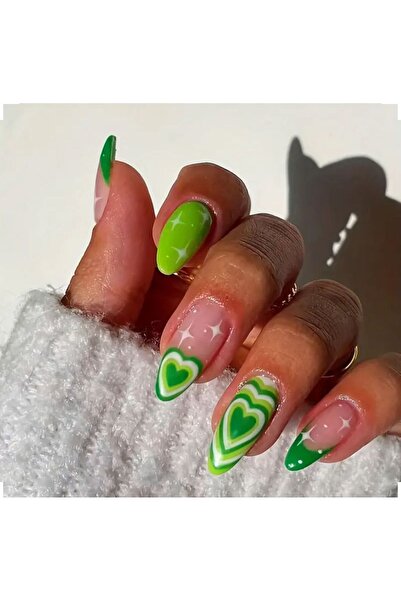 Alya Nail Studio Kadın Jel Nail Art Baskılı Yeşil Kalp French Design Badem Ov...