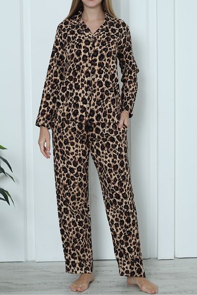 Nicoletta Leopard Print Long Sleeve Muslin Pajama Set - Pocketed