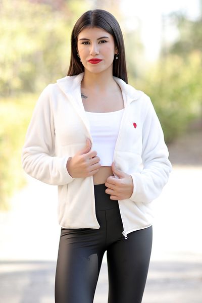 GİYSA Women's Zippered Fleece White Double Pocket Heart Embroidery Detailed Stand Collar Outdoor Cardigan - 7017