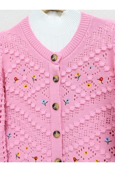 Modamorfo Durchbrochene Strickjacke mit rosa Blumenstickerei