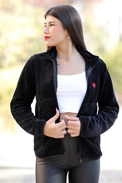 GİYSA Dámský fleecový svetr na zip, černý, s dvojitými kapsami, detail srdíčkové výšivky, stojáček, outdoorový kardigan - 7017