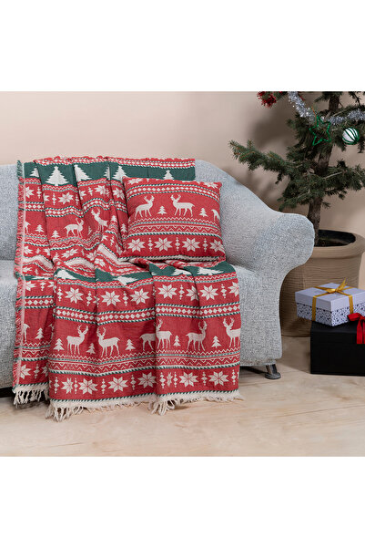MYLASA HOME %100 Pamuk Yılbaşı Throw & Yılbaşı Kırlent Seti