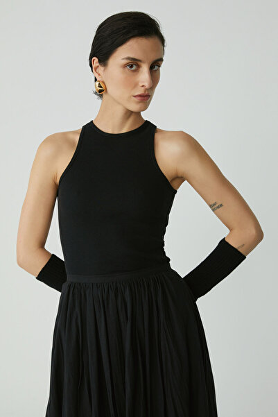 ETHIQUET Modest Joyce Women's Slim Fit Narrow Pattern Zero Sleeve Crew Neck Knitted Crop Black Undershirt