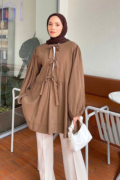 lamelif Brown Front Tie Two Pieces Jacket