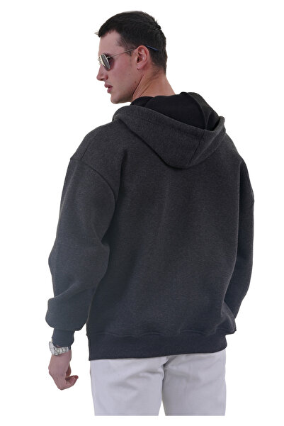 Exve Exclusive Антрацитовий колір Oversize М'який трикотажний зимовий светр - з капюшоном, флісовою підкладкою, блискавкою, 3 нитки