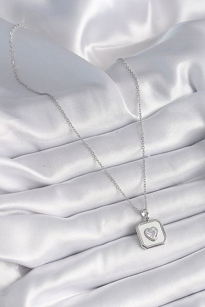 Skygo 316L Steel Silver - Square Medallion and Zircon Stone Heart Pattern Women's Necklace - Tj-Bko9525
