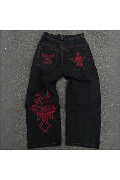 Karakedi Black Embroidered Skeleton Heaven Can Wait Streetwear Jean Trousers