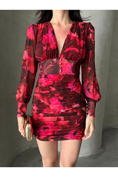 Serica Moda Desenli Uzun Kol V Yaka Mini Elbise