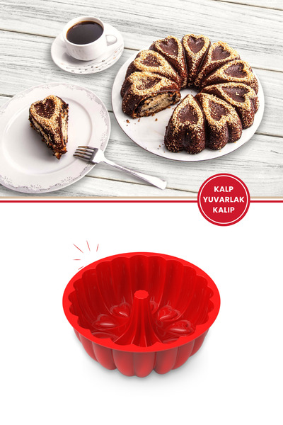 Silicolife Kalp Desenli Yuvarlak Silikon Kek Kalıbı 23 cm Kırmızı