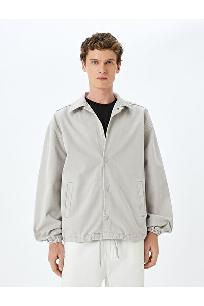 Koton Shirt Collar Washed Cotton Oversize Denim Jacket with Snap Button Pocket Detail