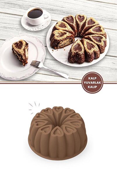 Silicolife Kalp Desenli Yuvarlak Silikon Kek Kalıbı 23 cm Kahverengi