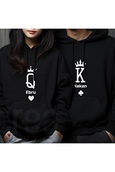 Crea Eymer Wear День закоханих Комбінація для пари Іменний King Queen з принтом 3 нитки Чорний Світшот до Дня закоханих