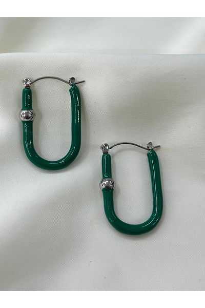 YASİN TOPÇU Steel Silver Green Color Clip Design Earrings