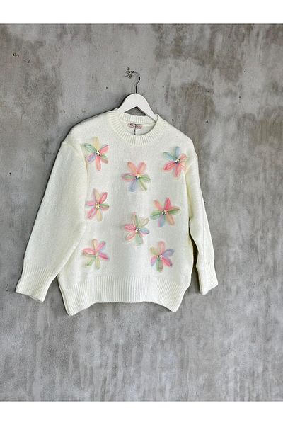 Hatun Atila Pulover tricotat cu design floral din organza alb pentru femei
