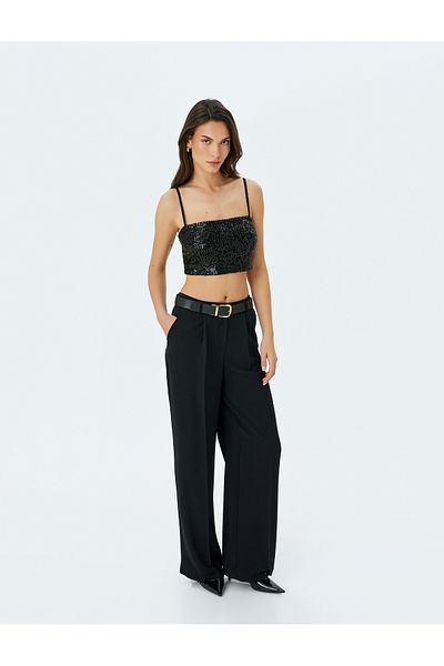 Koton Sequined Straps Square Neck Crop Blouse