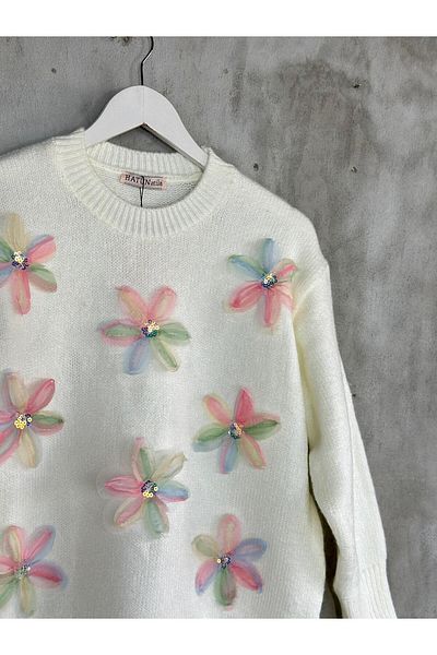Hatun Atila Pulover tricotat cu design floral din organza alb pentru femei