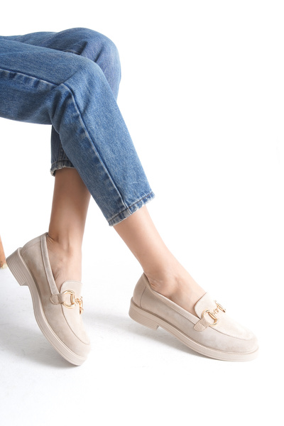 GNS Shoes Bej Süet Tokalı Hakiki Deri  Kadın Loafer