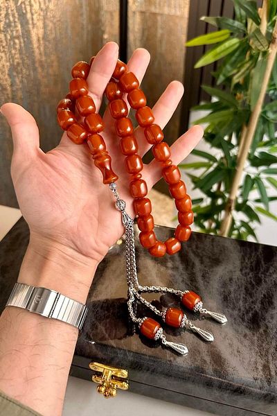dergah tesbih Şahin Ağğa Series Fire-I Squeeze Amber Silver Design Rosary