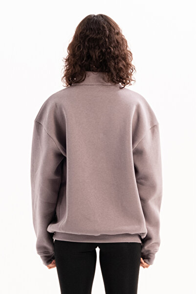 JUSTEVER Oversize Fit Stand Collar Semi Zippered Raised Gray Women's Sweatshirt - Cass