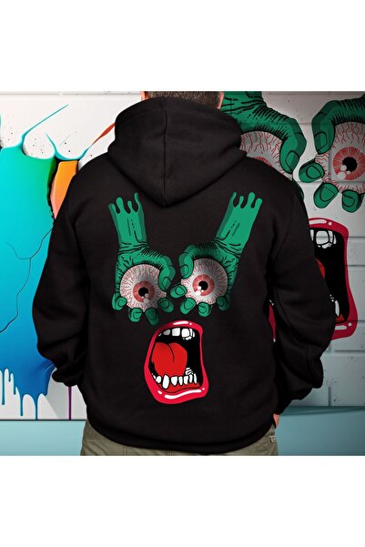 Crea Eymer Wear Crna Oversize kroj majica sa kapuljačom - Ilustracija očiju u...
