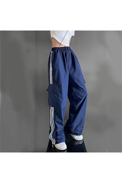 Karakedi White Striped Parachute Navy Blue Trousers with Cargo Pockets
