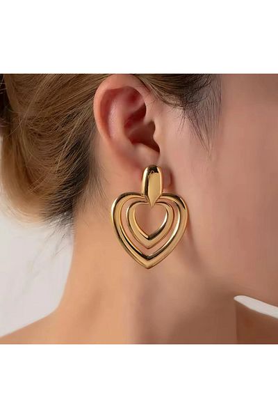 YASİN TOPÇU Steel Gold Gold Color Heart Dangle Elegant Earrings