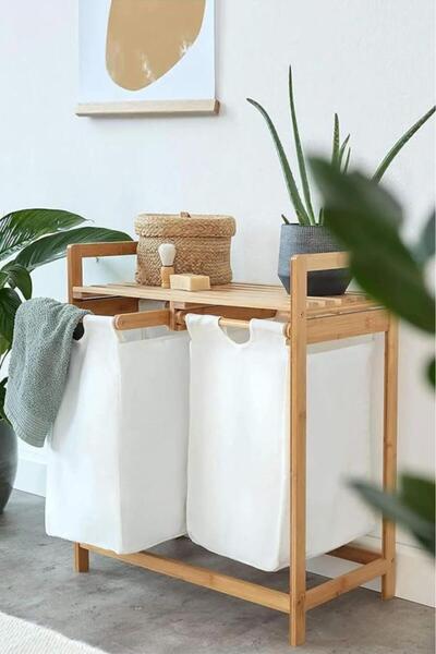 Digithome Bambu 2 Bölmeli Kirli Sepetli Çamaşır Sepeti Raflı Banyo Düzenleyici Db-0007