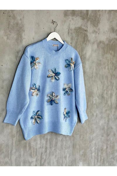 Hatun Atila Pulover tricotat cu design floral din organza albastru baby pentru femei