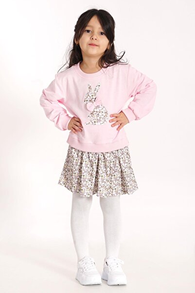 zepkids Crew Neck Long Sleeve Rabbit Printed Skirt Light Pink Color Sweat Set