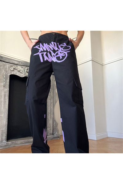 Karakedi Μαύρο Minus Two Purple Printed Cargo Pocket Elastic Parachute παντελόνι