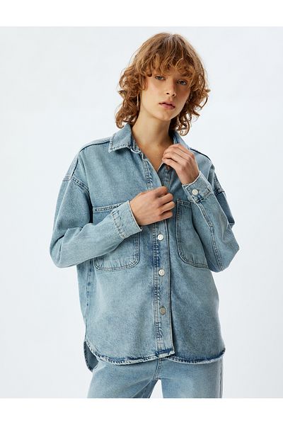 Koton Classic Collar Denim Shirt Jacket - Buttoned and Pocket Detailed