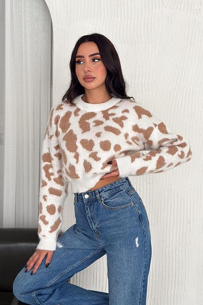Deafox Pulover de tricotaj crop cu model leopard