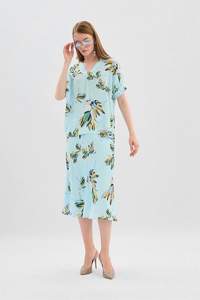 Escada V-Neck Zippered Patterned Turquoise Blouse