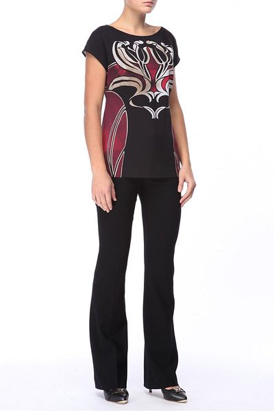 Escada Patterned Round Neck Short Sleeve Black Blouse