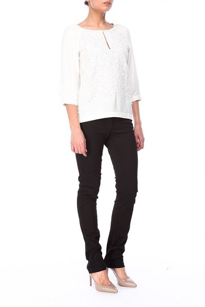 Escada Embroidered Drop Collar Three Quarter Sleeve Ecru Silk Blend Blouse