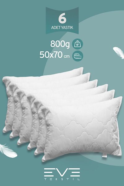 Eve Tekstil 6 Pieces Diamant Plus Antiallergic Silicone Fiber Pillow with Cover Zipper, Washable, 50X70Cm, 800Gr